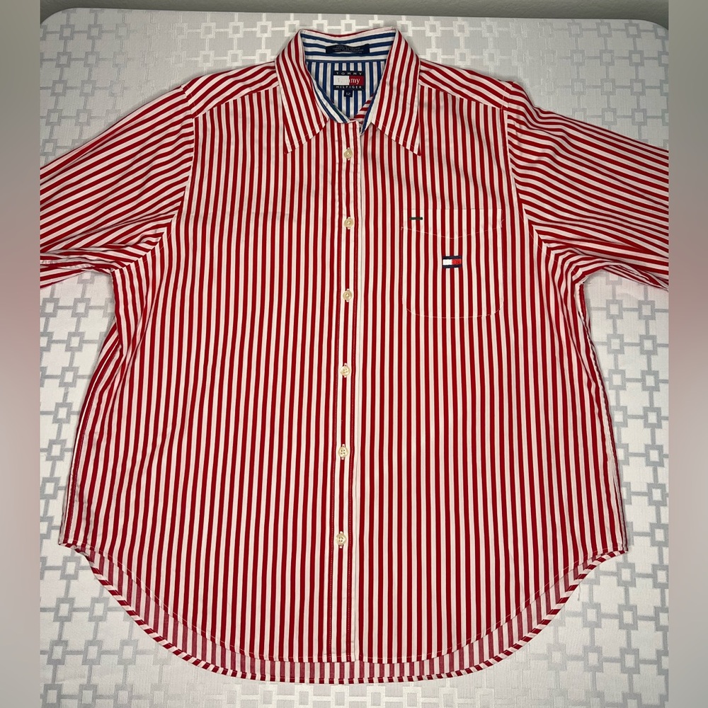Vintage Tommy Hilfiger Red White Striped Button Up Shirt - Picture 8 of 13